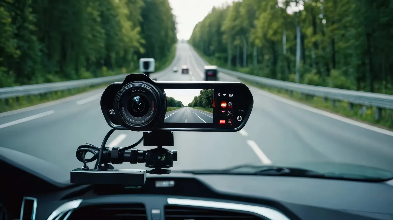 Dashcam an der Windschutzscheibe eines Autos