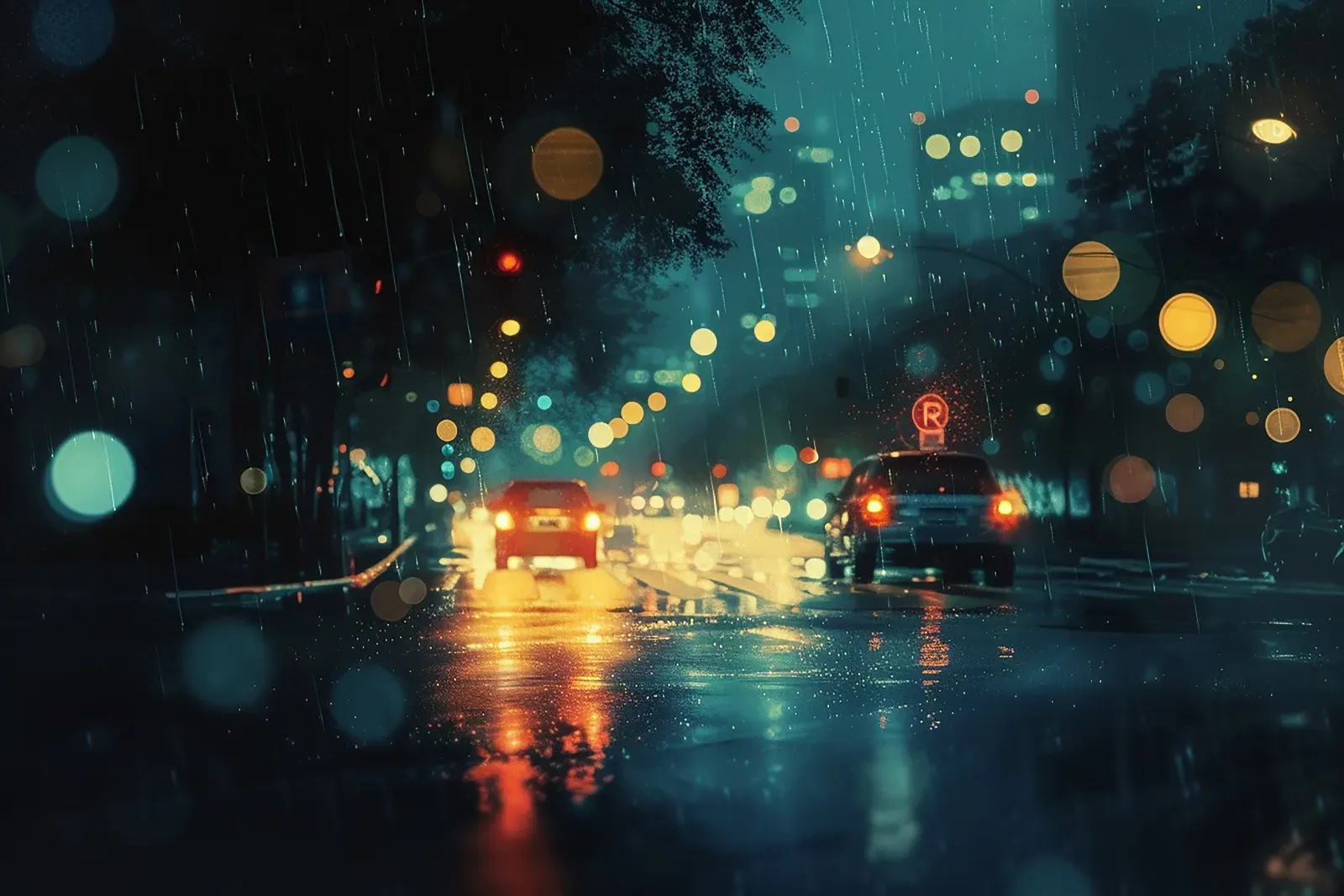 Nächtliche Stadtkreuzung im Regen mit Scheinwerferlicht