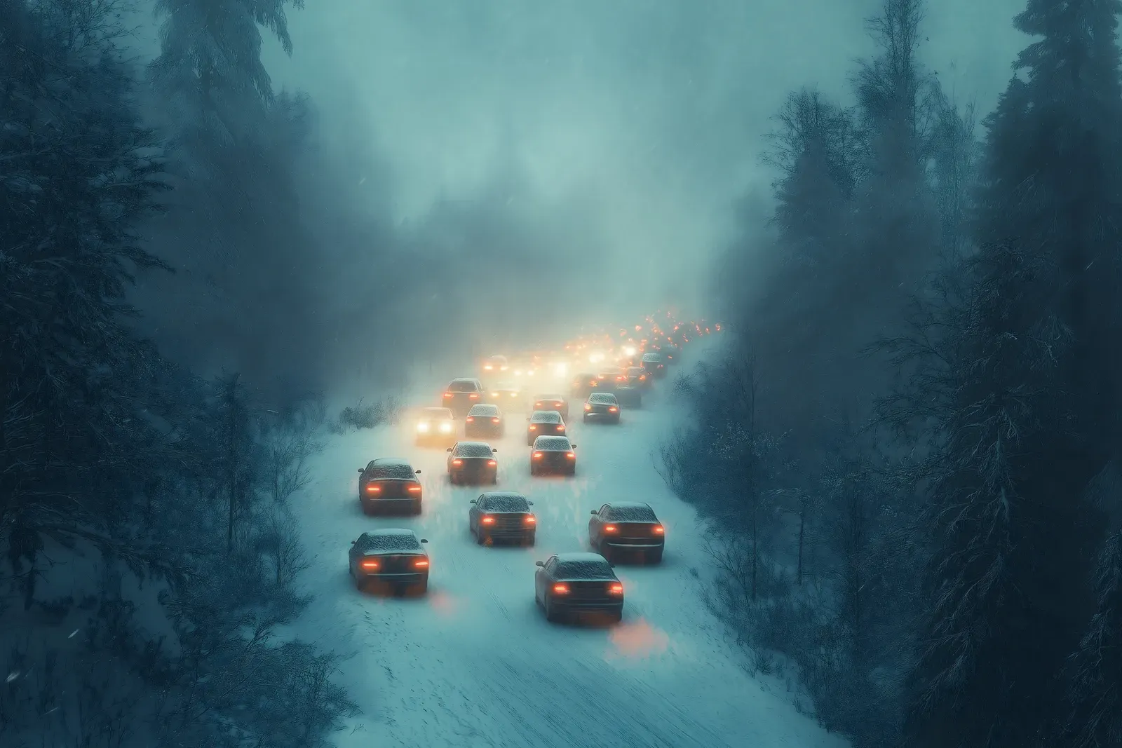 Massenkarambolage auf einer nebligen Winterautobahn