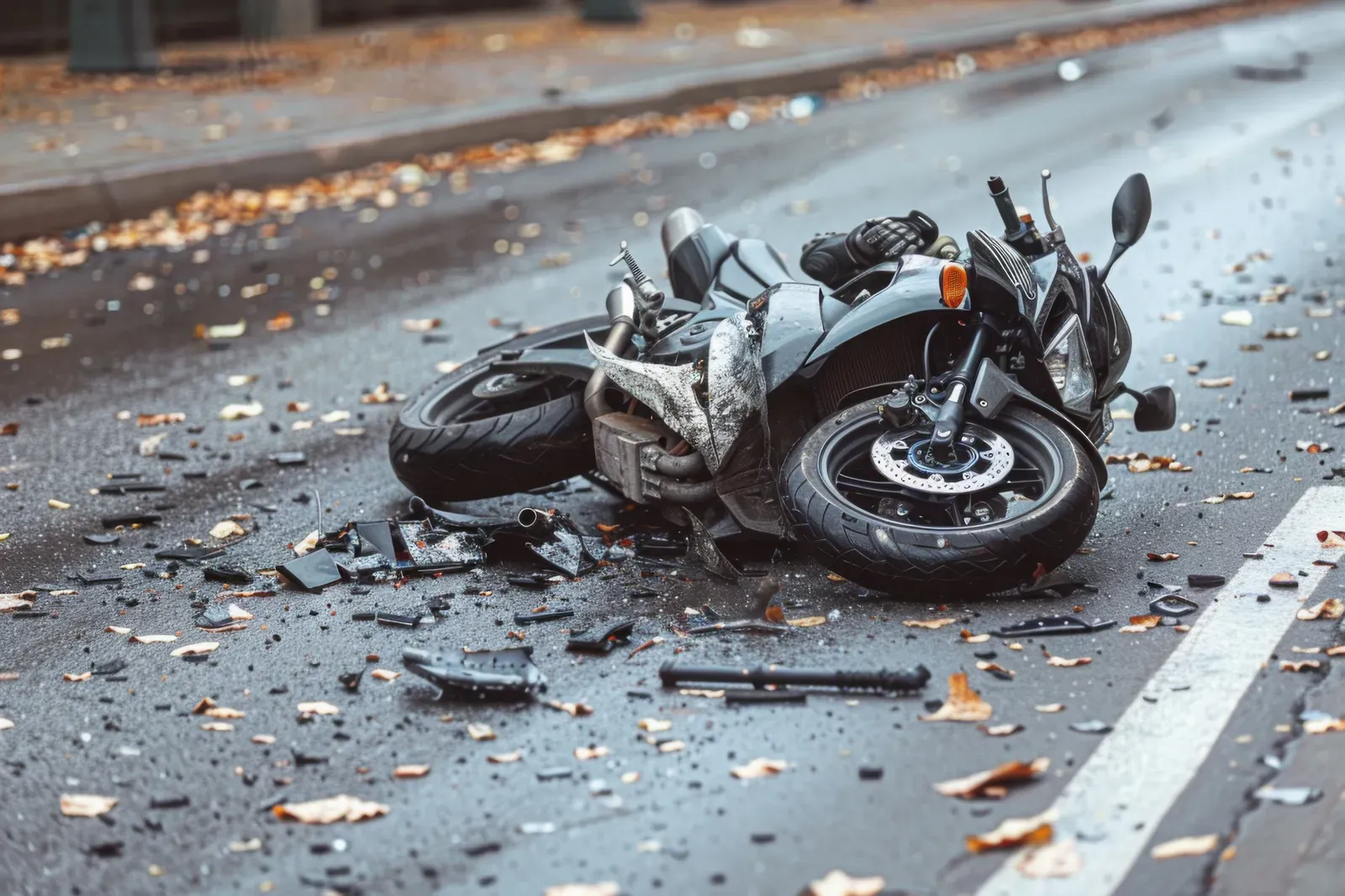 Beschädigtes Motorrad nach einem Unfall auf der Straße