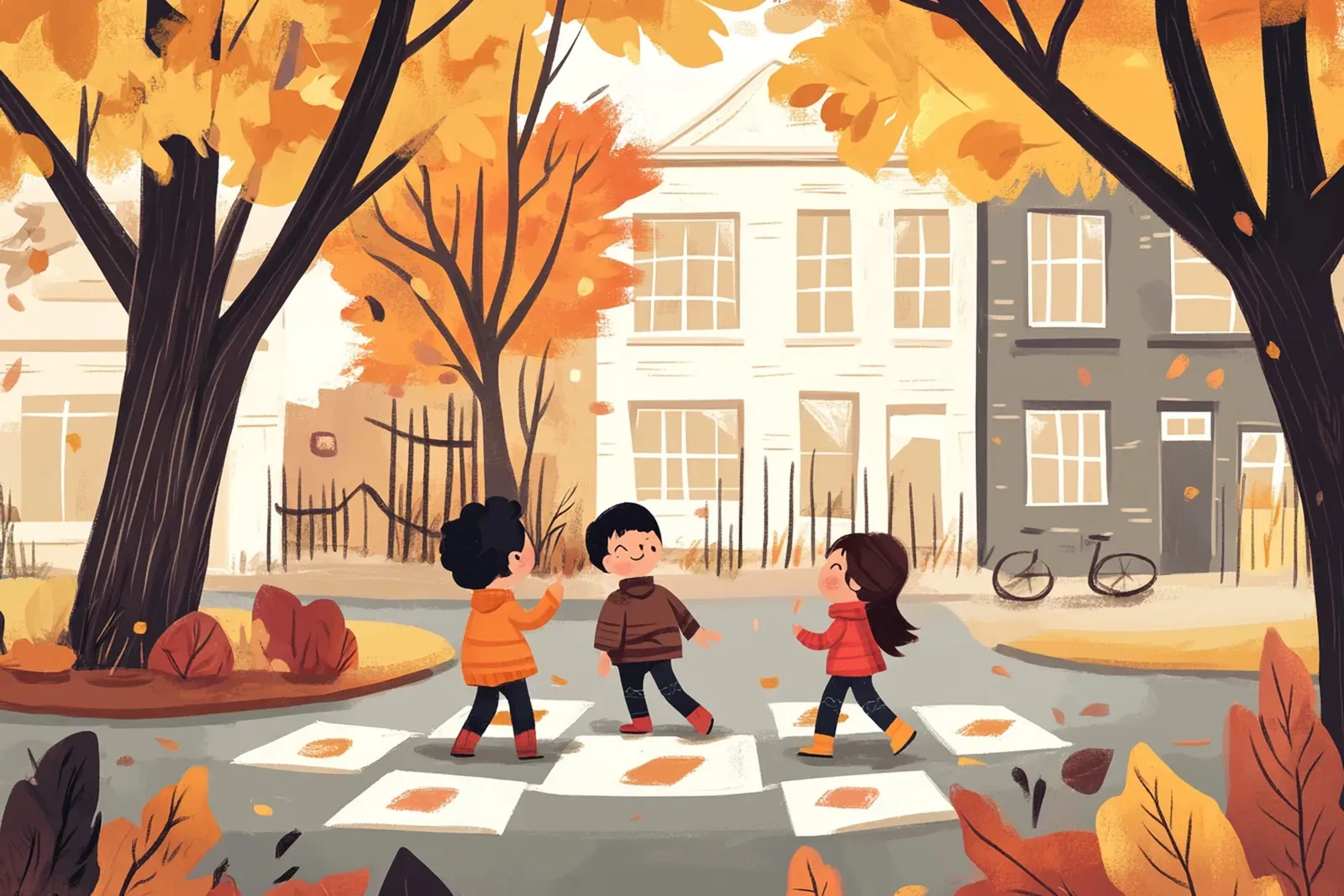 Kinder überqueren im Herbst eine Straße am Schulweg