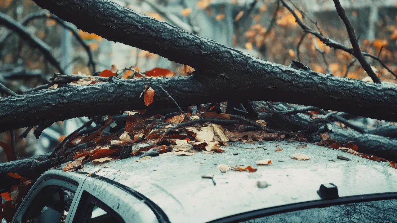 Umgestürzter Baum auf einem parkenden Auto nach einem Sturm in Nürnberg