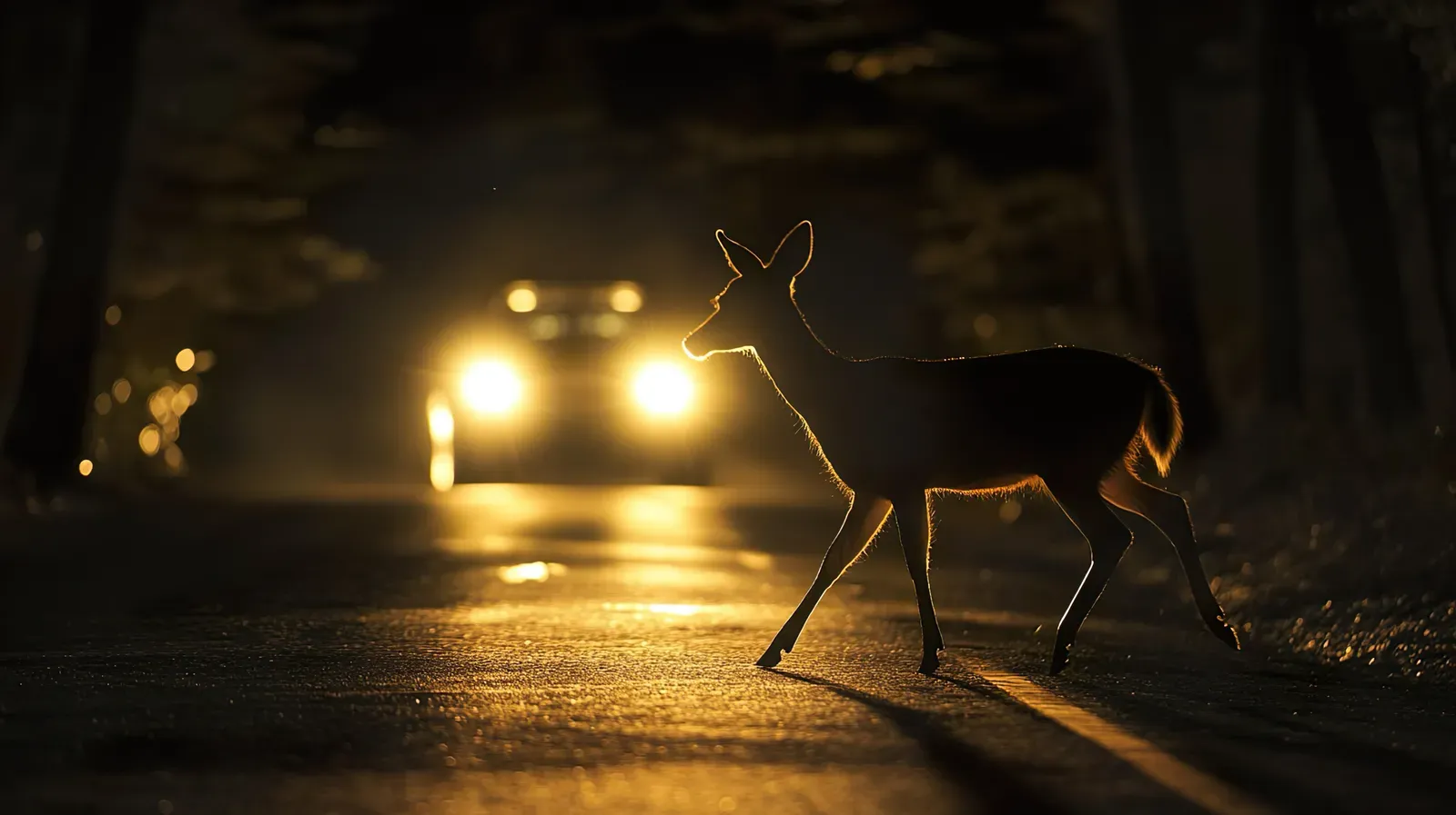Warnschild Wildwechsel an einer Landstraße in der Dämmerung