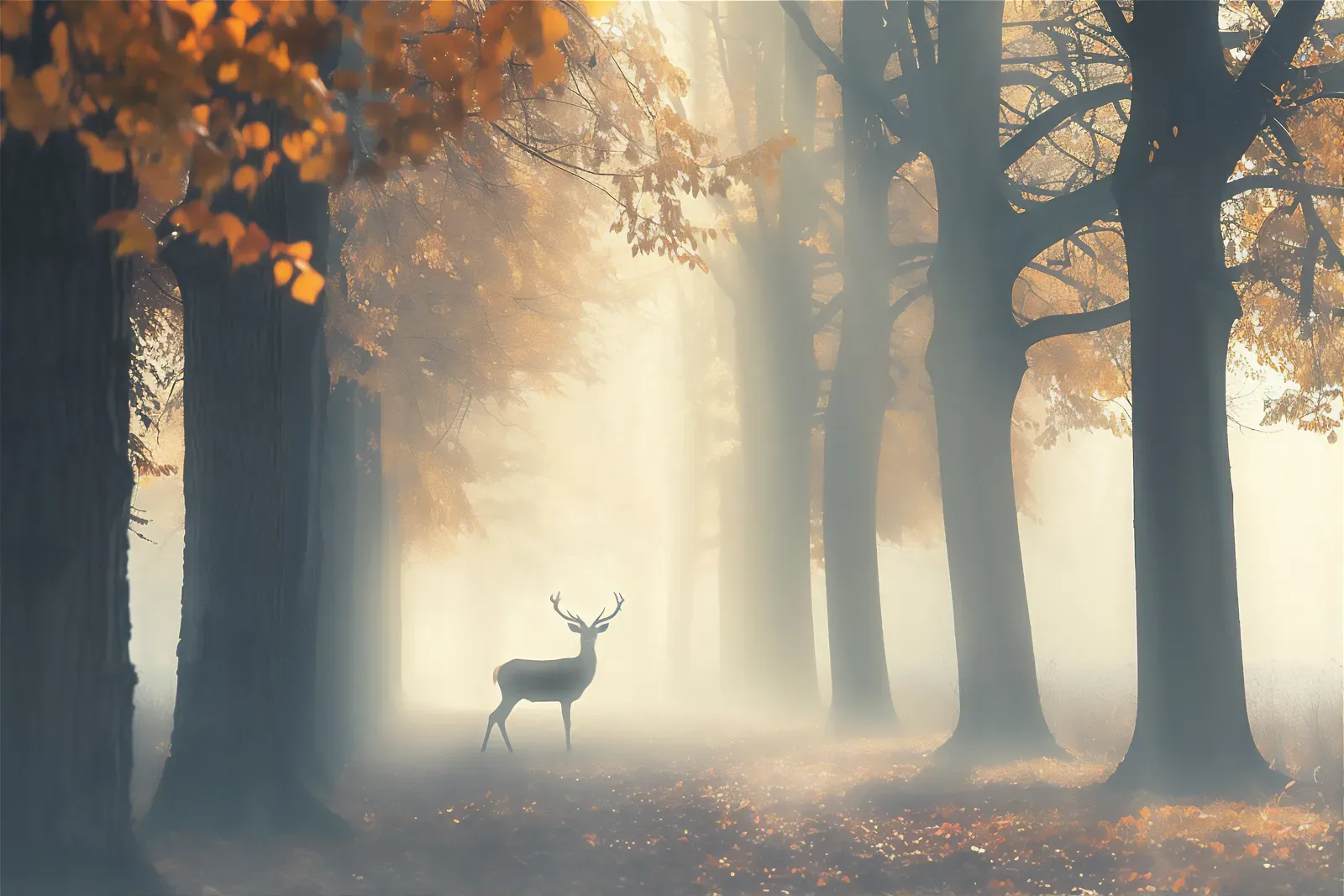 Reh auf einer nebligen Landstraße im Herbst
